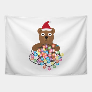 Cute Cartoon Bear with Santa Hat and Colorful Light Bunting Tapestry