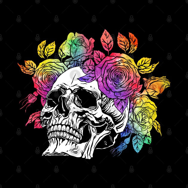 Skull with floral. Colorful Watercolor Roses wreath by OccultOmaStore