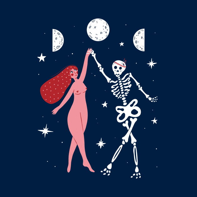 Woman Dancing With Skeleton under Full Moon illustration by WeirdyTales