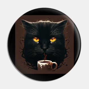 Black Cat Drinking Coffee, Coffee Cat Lover Pin