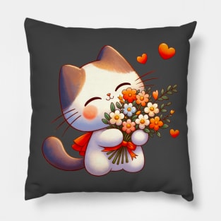 Adorable Love Cat T-Shirt, Happy Kitten with Flowers Tee, Cute Feline Embracing Bouquet Top, Heartwarming Cat Lover Shirt Pillow