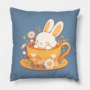 Cute Bunny in Chamomile Tea Cup. Camomile Tea Lover. Pillow