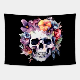 Watercolor Day of the Dead Skull Flowers Tapestry