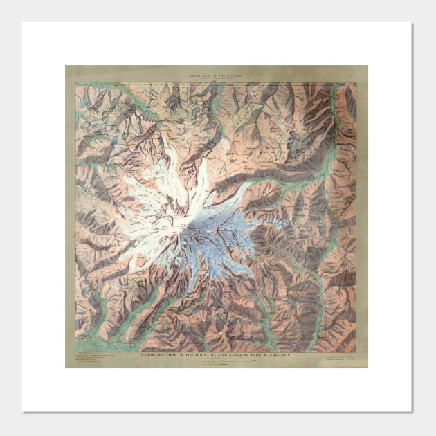 Washing Exaggerated Relief Map Poster Mount Rainier