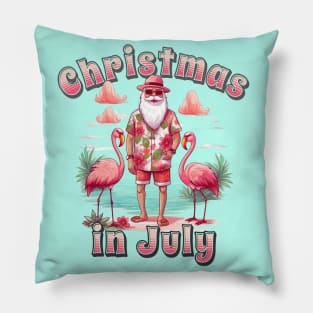 Christmas in July santa and flamingos on the beach Pillow