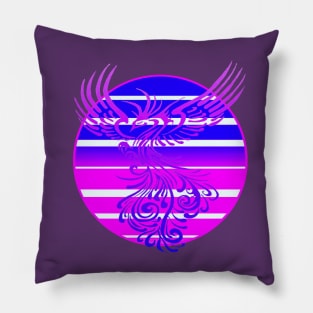 Arising Anew Phoenix and Retro Sunrise Vector Art Blue Pink Pillow