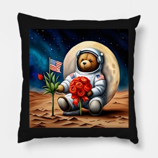 Teddy wearing a space suit Planting Flowers on the moon Pillow