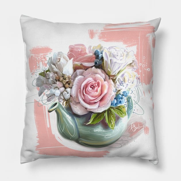 Bouquet in a teapot Pillow by Alla