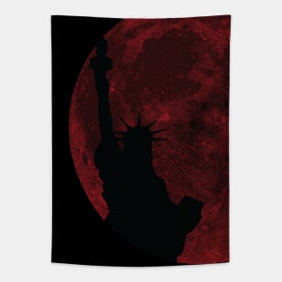 Minimalistic Lunar Liberty - Red Moon Background Statue of Liberty Tapestry