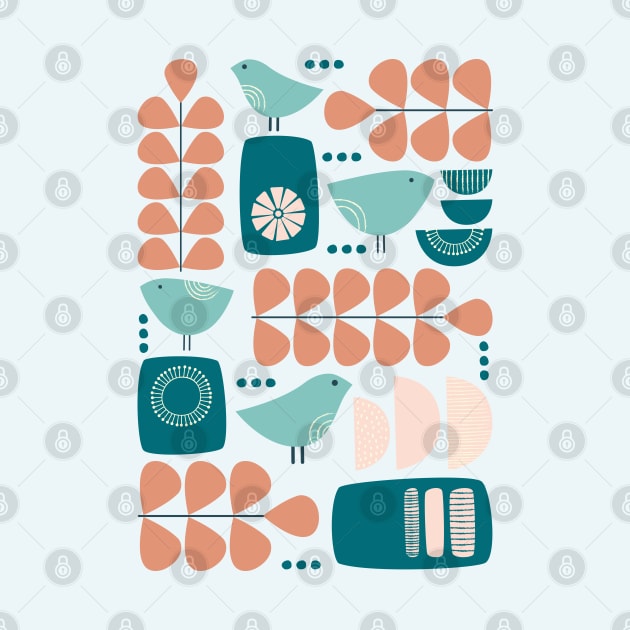 Retro Mid Century Modern Bird and Leaves in teal, light blue, peach and dark salmon by tramasdesign