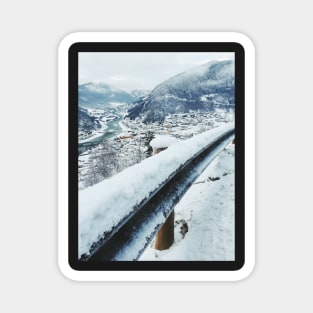 Scandinavian Winter - Fresh-Fallen Snow on Guardrail With White Valley in Background Magnet