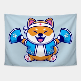 Cute Shiba Inu Dog Wearing Japanese Costume And  Handheld Fan Cartoon Tapestry