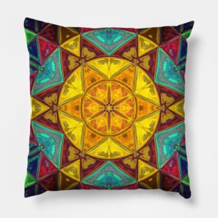 Mosaic Kaleidoscope Flower Yellow Pink and Blue Pillow