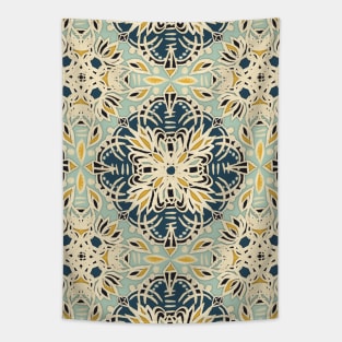 Protea Pattern in Deep Teal, Cream, Sage Green & Yellow Ochre Tapestry