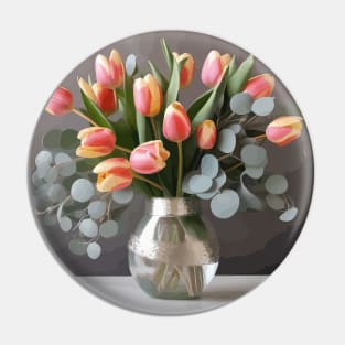 Pink Tulips and Eucalyptus Leaves in a Glass Vase Pin