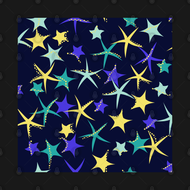 Starfish galaxy in deepest blue, deep periwinkle, butter yellow and teal green by FrancesPoff