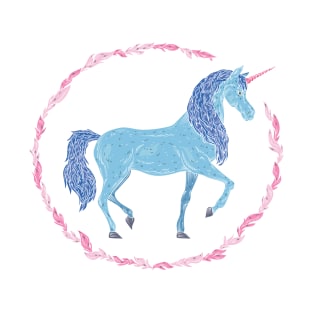 Blue unicorn in a pink floral wreath T-Shirt