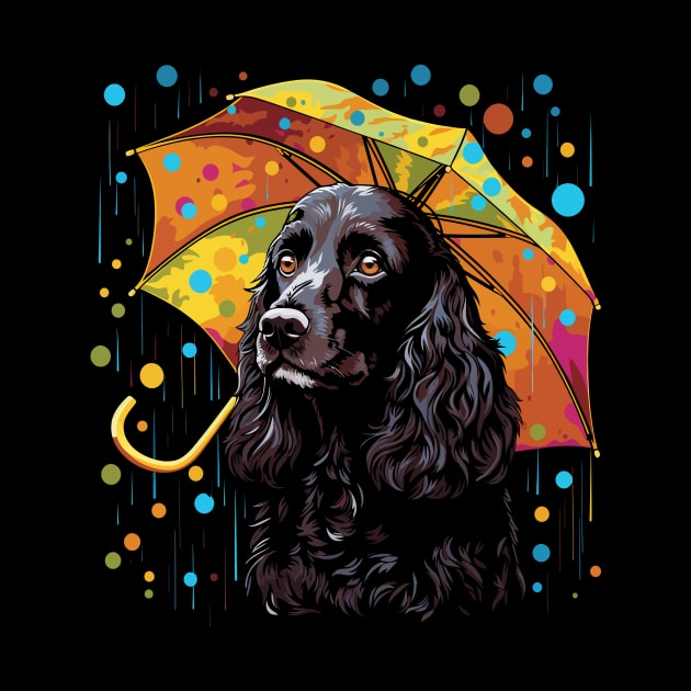 Field Spaniel Rainy Day With Umbrella by JH Mart