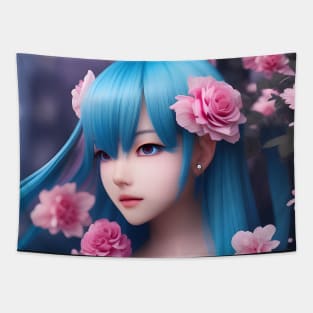 Beaux Animes Art  Manga Anime Girl with blue hair and roses everywhere Design Tapestry