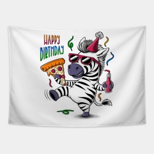 Zebra illustration in a party hat and sunglasses holding a pizza and a bottle. Happy birthday greeting Tapestry