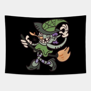 Comic witch rides on a broom Tapestry