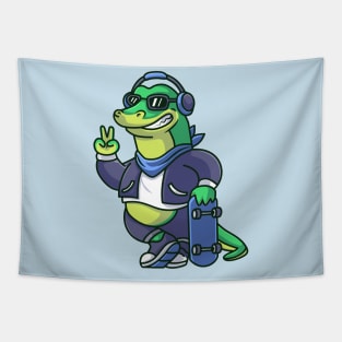 Cute Cool Crocodile With Skateboard And Wearing  Headphone Cartoon Tapestry