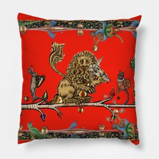 WEIRD MEDIEVAL BESTIARY MAKING MUSIC Violinist Lion,Hare,Snail Cat in Royal Red Pillow