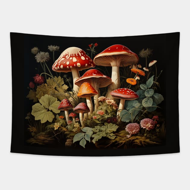 Vintage Botanical Art Mushrooms Tapestry by AI Art Originals