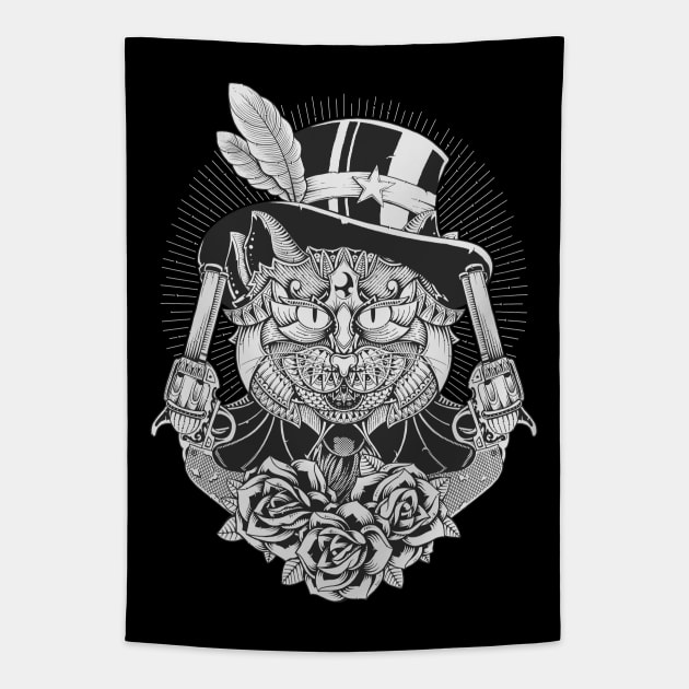 Cat Guns And Roses Tapestry by GODZILLARGE