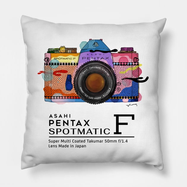 Colorful vintage camera Asahi Pentax Spotmatic F Pillow by notyetfamous