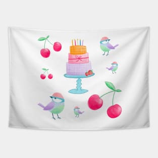 Cherry, birds and birthday cake Tapestry