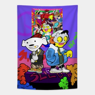 Dope Slluks character with cool dog chilling illustration Tapestry