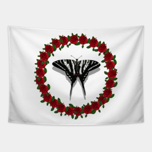 Zebra Swallowtail Butterfly in Red Rose Wreath Tapestry