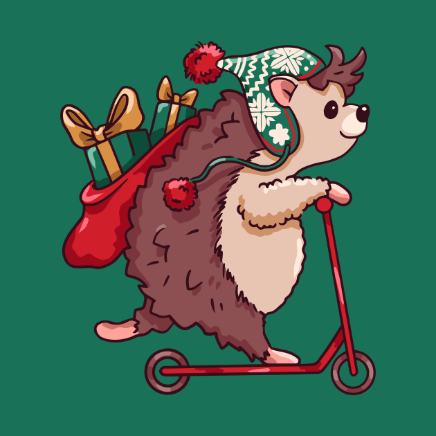 Cute Cartoon Christmas Hedgehog on Scooter by SLAG_Creative