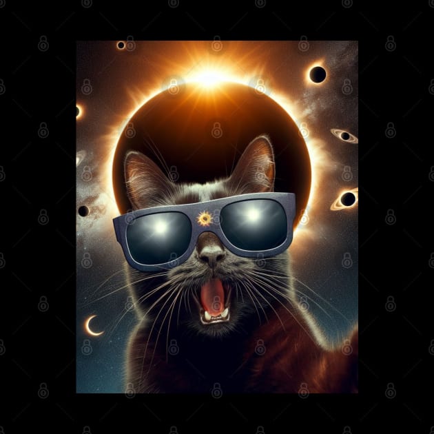 black cat taking a selfie with solar 2024 eclipse wearing Glasses by HBart