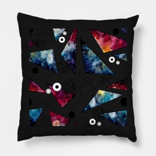 Watercolor Colorful Nebula, Triangles, Lines and Black Dots Pillow