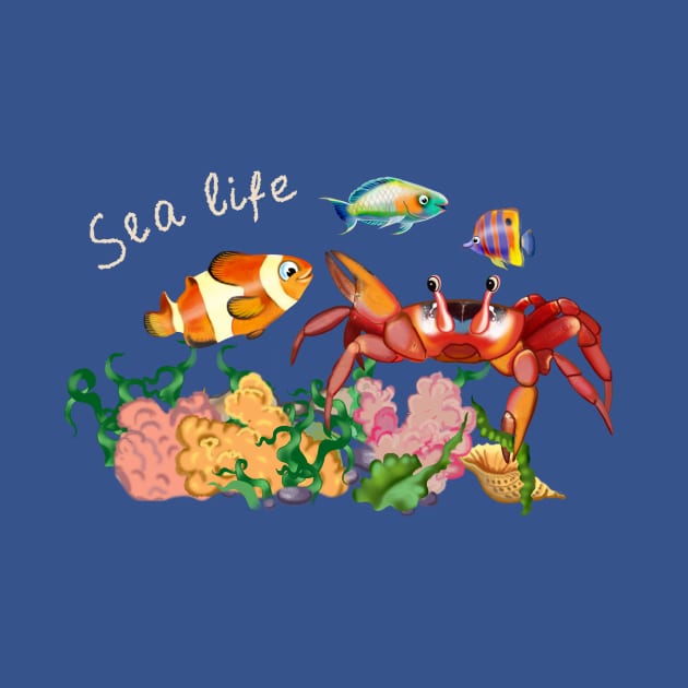 seabed with red crab, algae and fish by sonaart