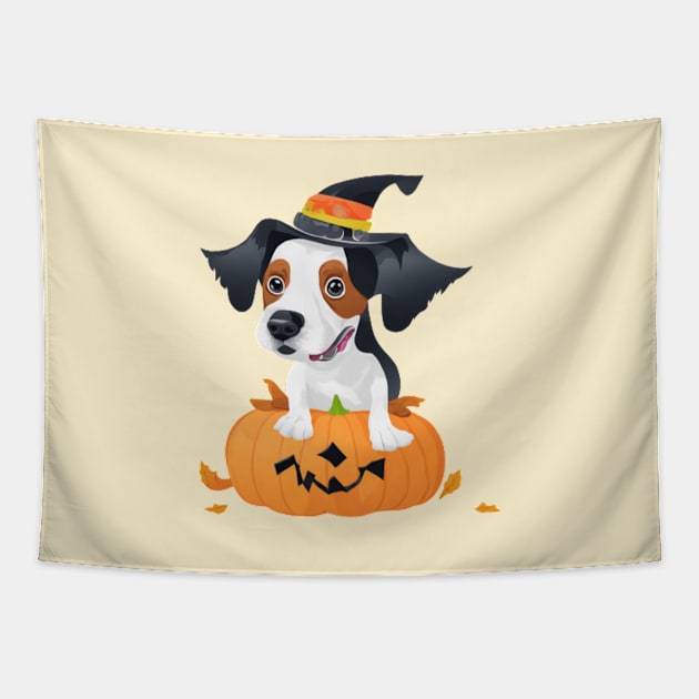 A cute dog in pumpkin celebrating Halloween Tapestry by halazidan