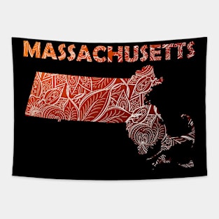 Colorful mandala art map of Massachusetts with text in brown and orange Tapestry