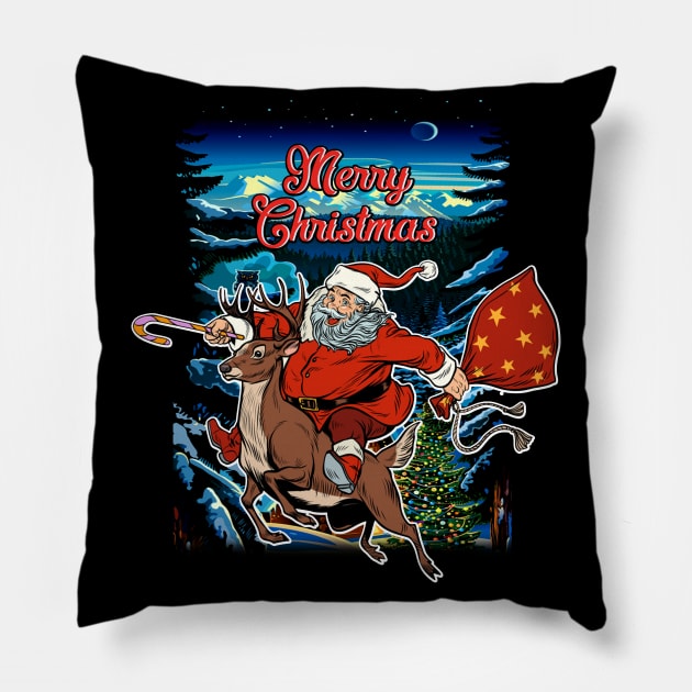 Santa Claus Riding Reindeer Merry Christmas Funny Pillow by Antoniusvermeu