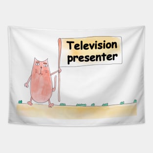 Television presenter. Profession, work, job. Cat shows a banner with the inscription. Watercolor illustration. A gift for a professional Tapestry