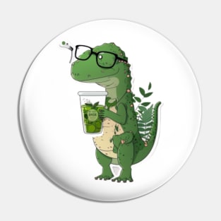 Green T-rex drinking tea Illustration Pin