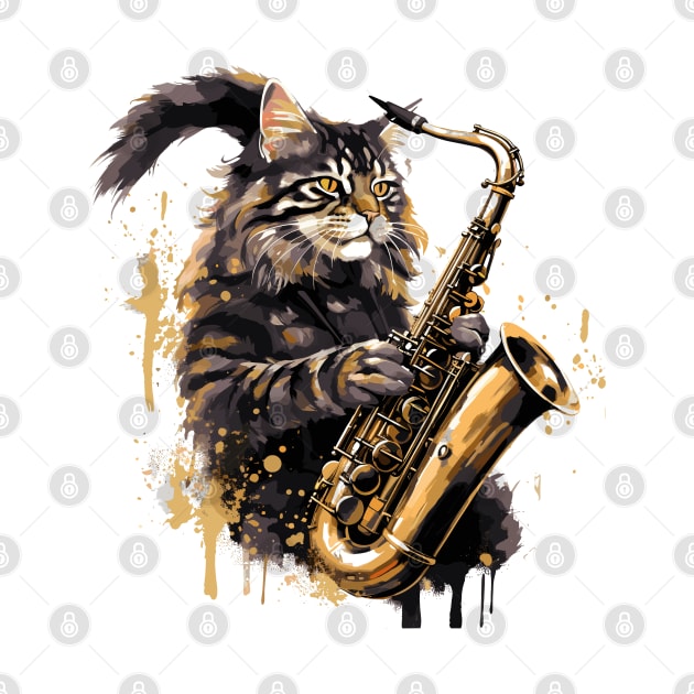 Maine Coon Cat Playing Saxophone by Graceful Designs