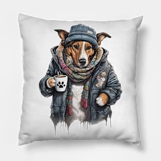 Dog wearing a jackets holding a cup coffee Pillow