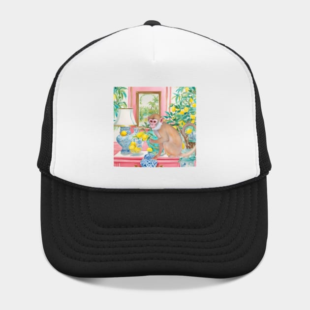 Preppy monkey and lemon tree in chinoiserie interior - Preppy Art - Hat ...