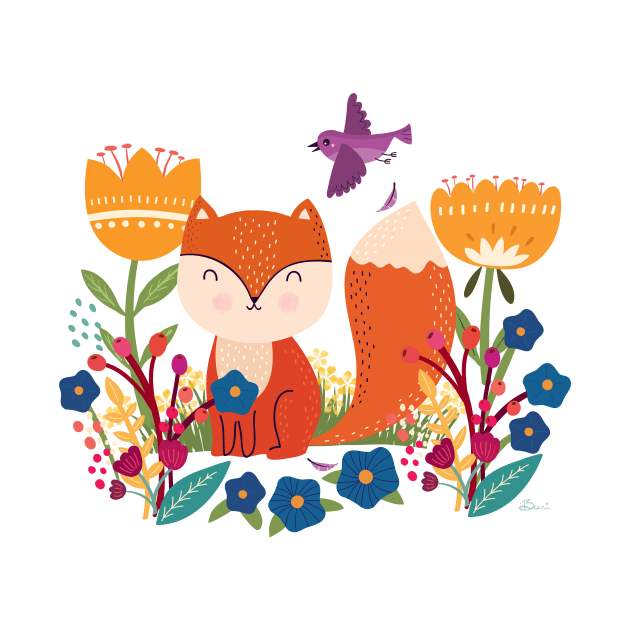 A Fox In The Flowers With A Flying Feathered Friend by LittleBunnySunshine