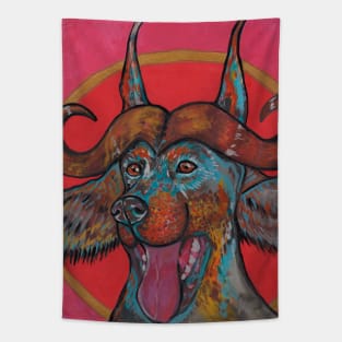 Satanic doberman with big horns Tapestry