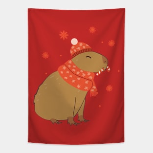 Christmas capybara in red scarf and hat Tapestry