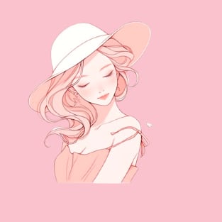 Minimalist line art pretty girl in pink T-Shirt