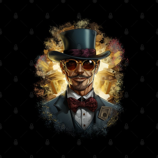 Illustration Design - Sophisticated Gentleman in Glasses, Suit with Top Hat, Amidst a Cascade of Dollars. by Art KateDav